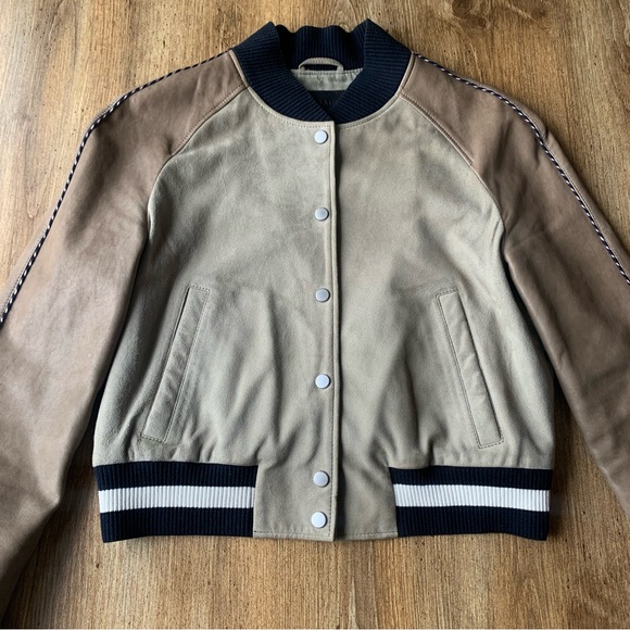 All Saints Leather Suede Bomber Jacket Small Womens 6 Beige - Picture 3 of 11